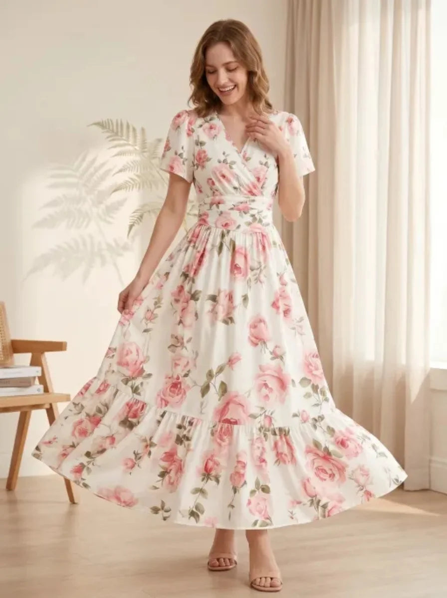 Elegant V-Neck A-Line Long Dress Soft Rose Print Summer Vacation Gown Women's Casual Maxi Skirt
