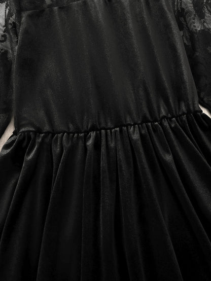 Girls Velvet Lace Outfit Long Sleeve Dress Black One-Piece Outdoor Party Holiday Suitable Autumn Winter Children's Clothing