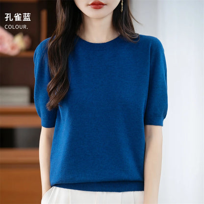 Autumn Women 100% Merino Wool Sweater O-Neck Cashmere Pullover Basic Fashion Short Sleeve Clothing Comfort Top Casual Solid