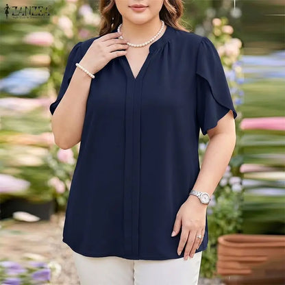 ZANZEA Women Blouse Summer Short Short Sleeve Tunic Top Pleated Elegant OL Casual Work V-Neck Solid Blusas Tunic Streetwear