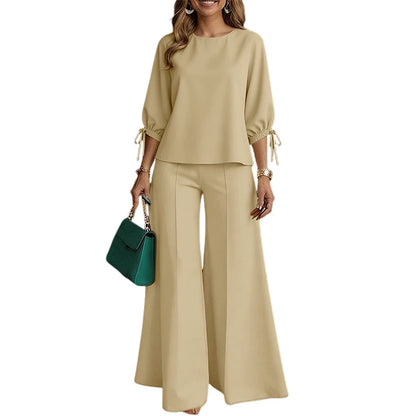 ZANZEA Women Minimalist Pant Sets 3/4 Lantern Sleeve Blouse & Wide Leg Pant Loose 2 Piece Suits Female Commute Work Outfits