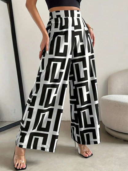 2026 Casual Elegant Bohemian Style - Wide Leg Elastic Waist Two tone Checkered Printed Loose Pants Wide Leg Pants