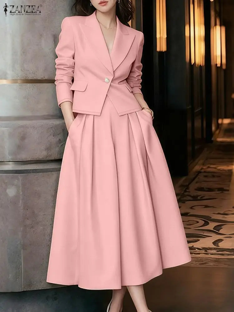 ZANZEA Office Women 2 Piece Sets Spring Outfits 2026 Elegant Long Sleeve Blazer Dress Suit Fashion Work OL Tracksuit Skirt Sets
