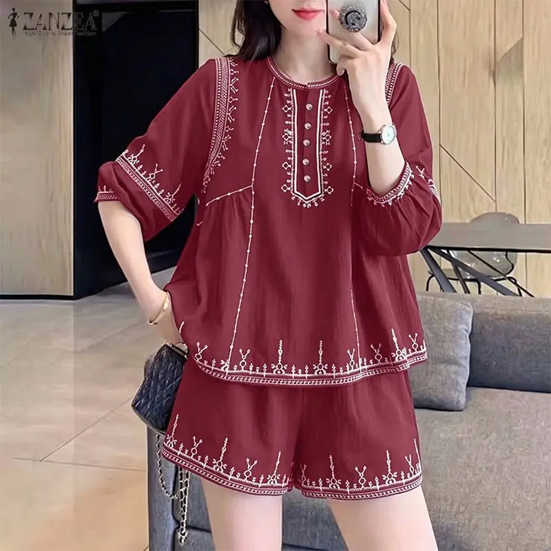 ZANZEA Women 2 Pieces Matching Short Sets 3/4 Puff Sleeve Blouses & Elastic Waist Shorts Suits Summer Vacation Ethnic Print Sets