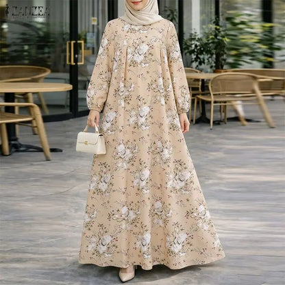 ZANZEA Muslim Abaya Women Bohemian Maxi Long Dress Floral Print Long Sleeve Round Neck Sundress Casual Loose Dresses Kaftan