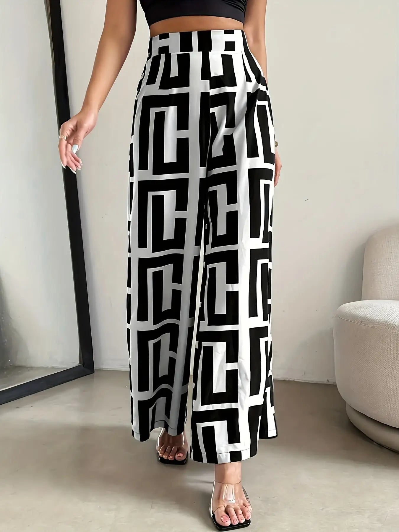 2026 Casual Elegant Bohemian Style - Wide Leg Elastic Waist Two tone Checkered Printed Loose Pants Wide Leg Pants