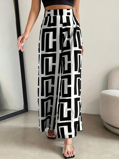 2026 Casual Elegant Bohemian Style - Wide Leg Elastic Waist Two tone Checkered Printed Loose Pants Wide Leg Pants