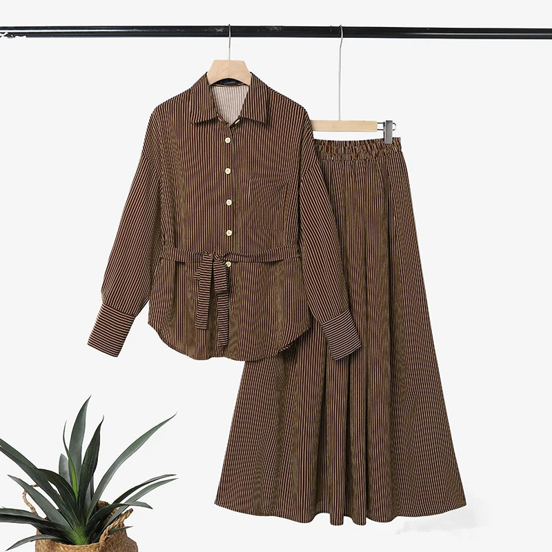 Women Muslim 2 Pieces Sets ZANZEA Ramadan Outfits Fashion Lapel Long Sleeve Shirt Dress Sets Elegant Striped OL Work Skirt Suit