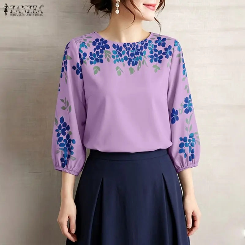 ZANZEA 2026 Woman Floral Print Blouses Elegant O-Neck 3/4 Puff Sleeve Tops Summer Casual Vacation Everyday Wear Blusas de Mujer
