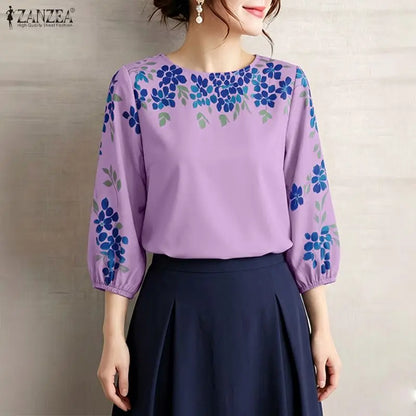 ZANZEA 2026 Woman Floral Print Blouses Elegant O-Neck 3/4 Puff Sleeve Tops Summer Casual Vacation Everyday Wear Blusas de Mujer