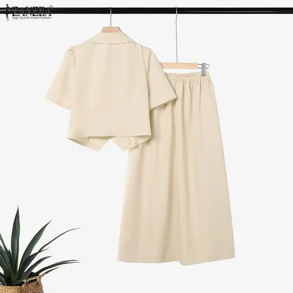 ZANZEA Women's Elegant Skirt Suits Collared Short Sleeve Shirt & Pleated Maxi Skirt 2 Pieces Sets Korean Fashion Party Outfits