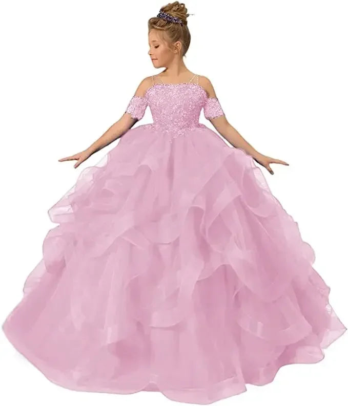 Dress for girls Party Flower Kids Ball Gown Tulle Off Shoulder Children Birthday Wedding Dresses First Communion Gown Clothing
