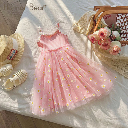 Humor Bear Summer New Children Suspenders Puff Princess Dress Little Daisy Flower Mesh Baby Girls Beach Dress