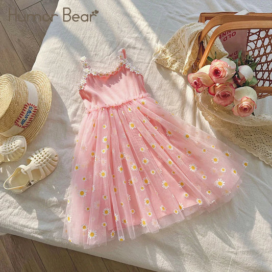 Humor Bear Summer New Children Suspenders Puff Princess Dress Little Daisy Flower Mesh Baby Girls Beach Dress