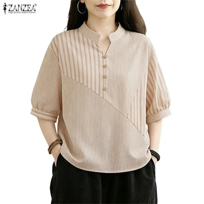 ZANZEA Casual Striped Patchwork Blouses for Woman Stand Collar Half Puff Sleeve Day Wear Tops Summer 2026 Loose Blusas de Mujer