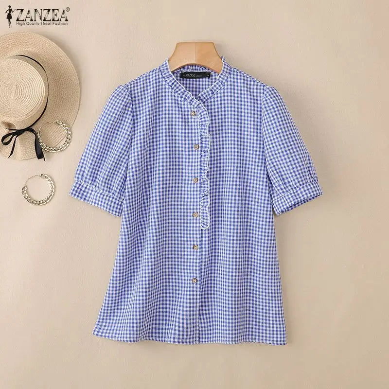 ZANZEA Woman Summer 2026 Gingham Shirts Elegant Ruffled Collar Short Puff Sleeves Button Up Checked Tops Women's Clothes S-3XL