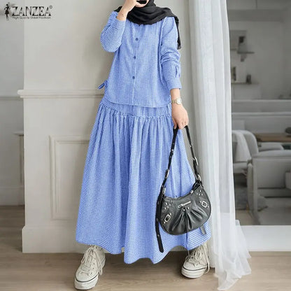 2026 ZANZEA Summer Women Long Sleeve Shirt Dress Sets Muslim 2 Piece Sets Hijab Outfits Casual Striped Work Skirt Suit Ramadan