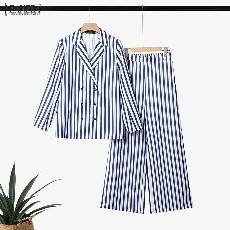 ZANZEA Casual Office Stripe Suits Women Striped Outfit Two Piece Vintage Long Sleeve Double Breasted Blazer Wide Leg Pants Sets