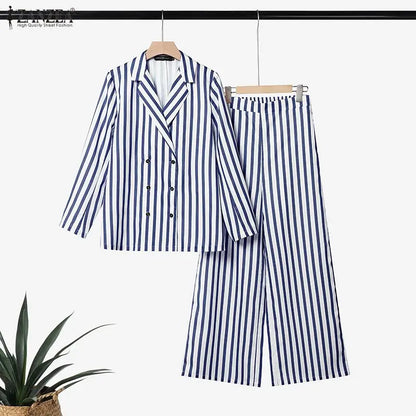 ZANZEA Casual Office Stripe Suits Women Striped Outfit Two Piece Vintage Long Sleeve Double Breasted Blazer Wide Leg Pants Sets