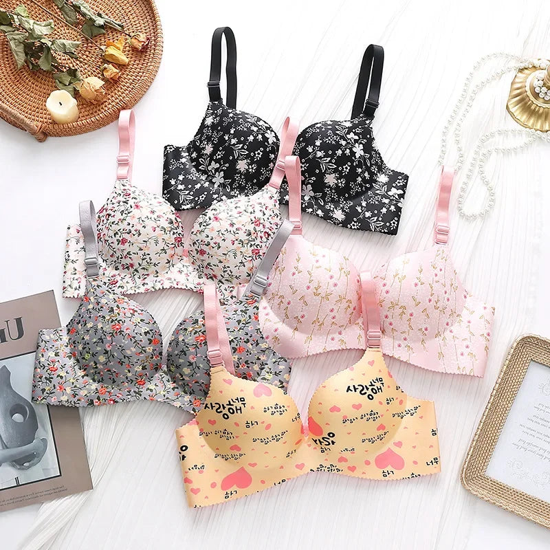 Retro Floral Print Bras Push Up Bra Small Chest Thick Mold Cup No Steel Ring Wirelss Bra Student Seamless Sweet Bra For Girls