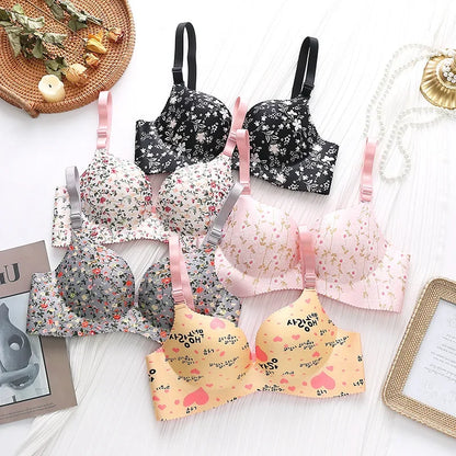 Retro Floral Print Bras Push Up Bra Small Chest Thick Mold Cup No Steel Ring Wirelss Bra Student Seamless Sweet Bra For Girls