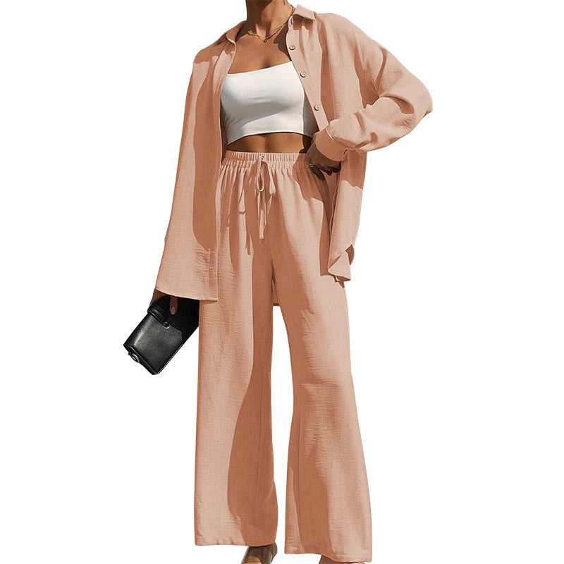 Women's Solid Button Front Shirt & Tie Front Wide Leg Pants Two-piece Set, Casual Drop Shoulder Long Sleeve Blouse Top & Trouser
