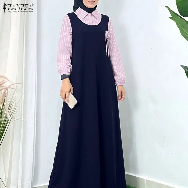 Women Stirped Patchwork Muslim Abaya Dress ZANZEA Ramadan Robe Elegant Maxi Long Dress Full Sleeve Loose Dubai Sundress Kaftan