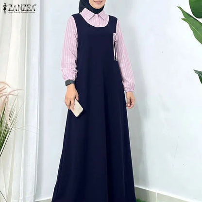 Women Stirped Patchwork Muslim Abaya Dress ZANZEA Ramadan Robe Elegant Maxi Long Dress Full Sleeve Loose Dubai Sundress Kaftan