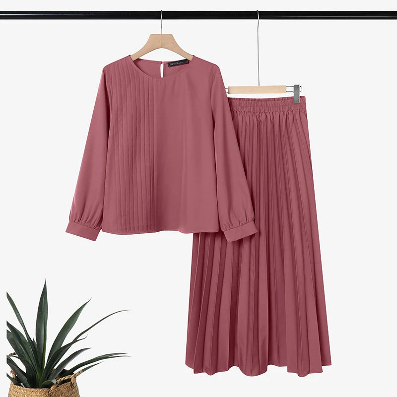 2026 ZANZEA Elegant Muslim 2 Pieces Sets Dubai Hijab Tracksuit Summer Women Long Sleeve Tops Dress Suit Ramadan Outfits Oversize