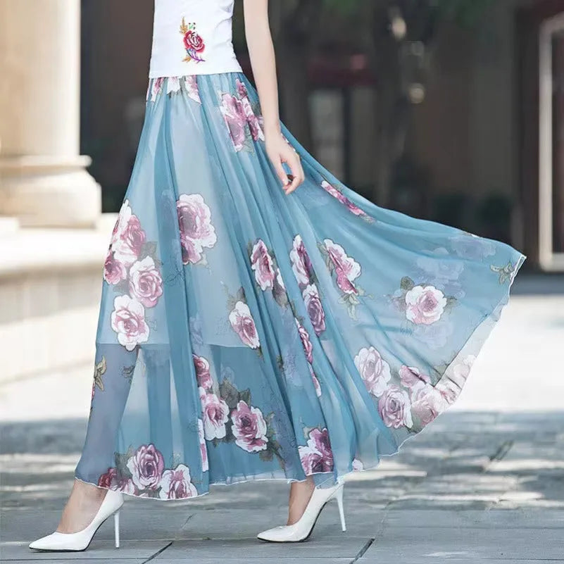 Womens Summer Autumn High Waist Skirts Elastic Waist Midi Full Long Skirt Print A-Line Mother Dance Swing Chiffon Skirt DURIKIES