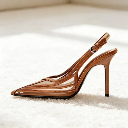 Elegant Pointed Toe Slingback High Heels Women Sexy Mesh Stitching Detail Heeled Sandals for Ladies Summer Luxury Designer Pumps