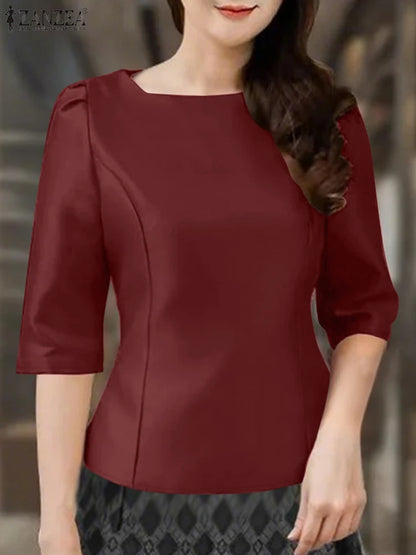 ZANZEA Elegant Womens Blouses Fashion Square Neck 3/4 Puff Sleeve Blusas Mujer 2025 Spring Summer Casual Side-Zip Short Tops