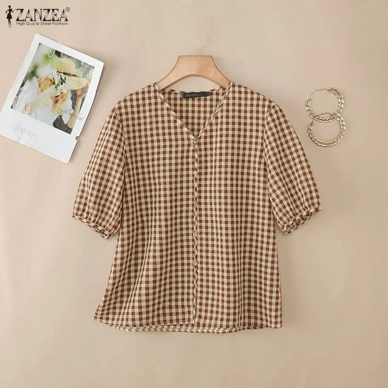 ZANZEA Women Loose Gingham Shirts Vintage Half Puff Sleeve V-Neck Button Up Tops Summer Daily Casual Plaid Blusas de Mujer