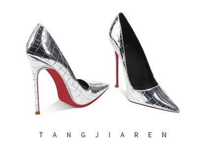 Summer new crocodile patterned high heels for women, slim heels, sexy, fashionable, versatile, professional single shoes