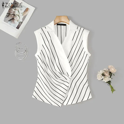 ZANZEA Elegant Women Striped Shirts Summer Turn-Down Collar Single Button Cinch Waist Sleeveless Tops Office Lady Vest Tops 3XL