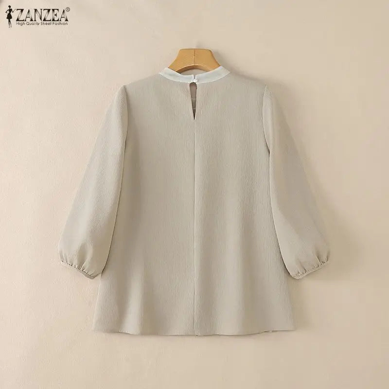 ZANZEA Women Fashion Pleated Front Blouses Contrast-Color O-Neck 3/4 Puff Sleeve Loose A-Line Tops Chic Blusa Mujer Streetwear