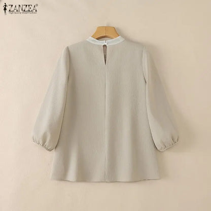ZANZEA Women Fashion Pleated Front Blouses Contrast-Color O-Neck 3/4 Puff Sleeve Loose A-Line Tops Chic Blusa Mujer Streetwear