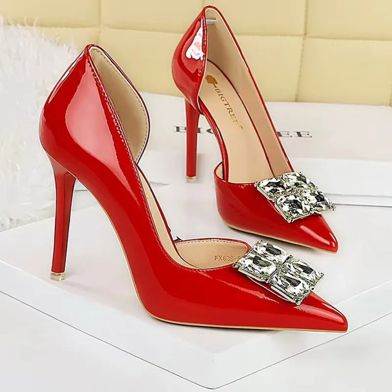 BIGTREE Shoes NEW Luxury High Heels Rhinestone Design Women Pumps Patent Leather Female Heels Stilettos Fashion Sexy Party Shoes