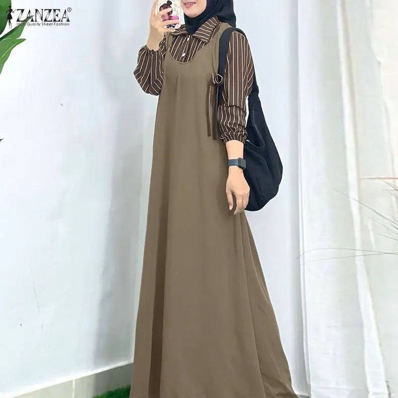 Women Stirped Patchwork Muslim Abaya Dress ZANZEA Ramadan Robe Elegant Maxi Long Dress Full Sleeve Loose Dubai Sundress Kaftan
