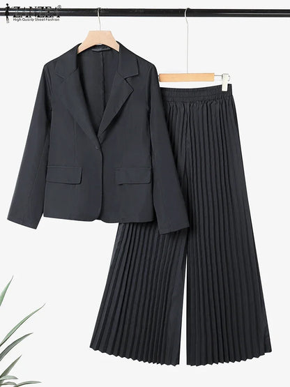 ZANZEA Autumn Office Outfits Women 2 Piece Sets Elegant Long Sleeve Blazer Wide Leg Pleated Trousers Suit Muslim Tracksuits 2025