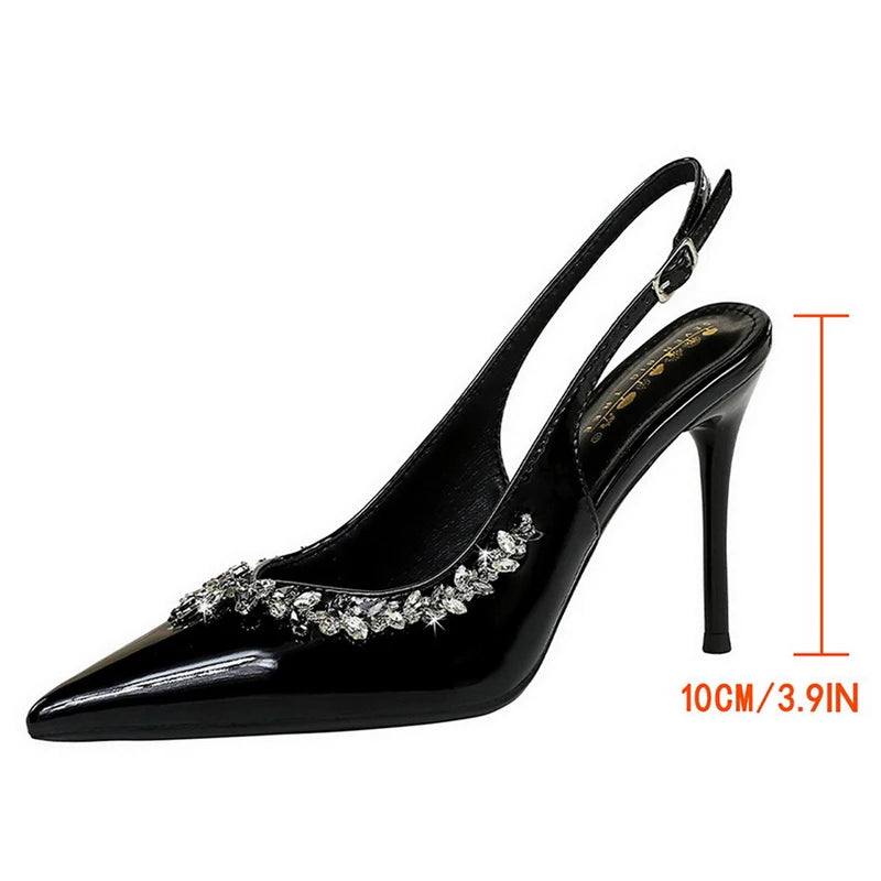 Women 10 cm Rhinestone Women Pumps Sexy High Heels Elegant Temperament Banquet Shoes Patent Leather Stilettos Pumps Ladies Shoes