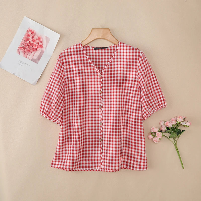 ZANZEA Women Loose Gingham Shirts Vintage Half Puff Sleeve V-Neck Button Up Tops Summer Daily Casual Plaid Blusas de Mujer
