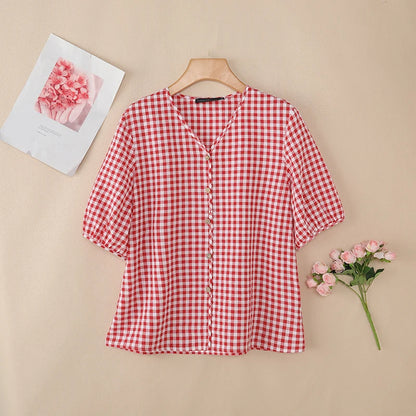 ZANZEA Women Loose Gingham Shirts Vintage Half Puff Sleeve V-Neck Button Up Tops Summer Daily Casual Plaid Blusas de Mujer