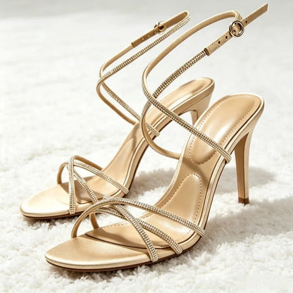 Luxury Crystal Detail Ankle Strap Buckle Heeled Sandals Women Elegant Women Shoes Adjustable Buckle Designer Sandalias De Mujer