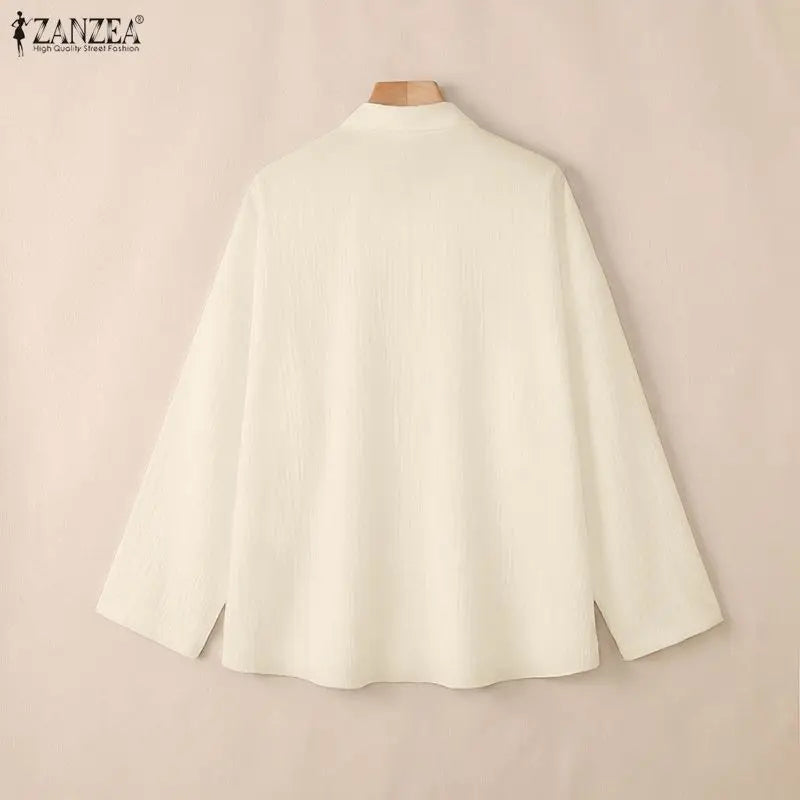 ZANZEA Woman Long Sleeve Shirts Oversized Turn Down Collar Button Up Blouses Autumn 2026 Crinkled Fabric Casual Work Camisas 2XL