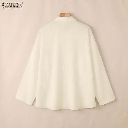 ZANZEA Woman Long Sleeve Shirts Oversized Turn Down Collar Button Up Blouses Autumn 2026 Crinkled Fabric Casual Work Camisas 2XL