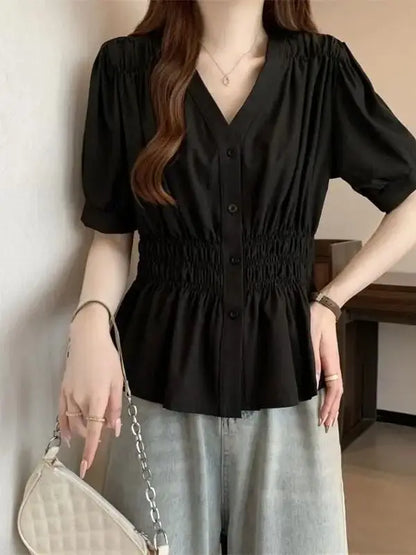 Elastic waist cinching and slimming summer shirt, women's short sleeved solid color top, new minimalist V-neck French style top
