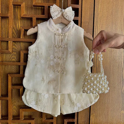 Fashion Chinese Tops Pants Girl Suit Casual Costume Kids Clothes Baby Outfit Summer Two-piece Set Girls Hanfu Children's Sets