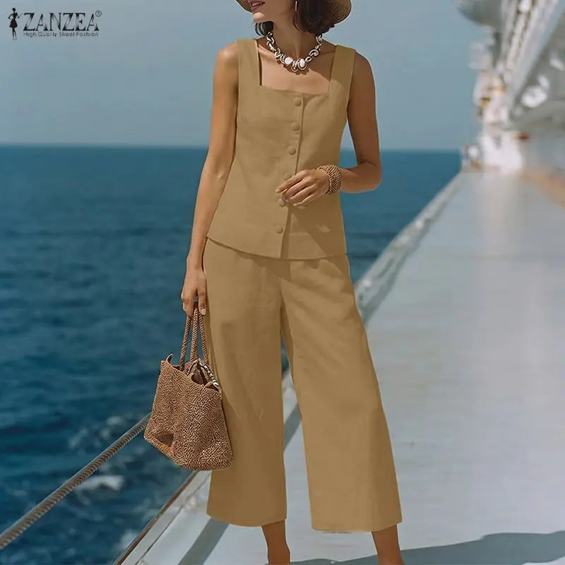 ZANZEA Women's Casual Pant Suits Wide Leg Cropped Pant & Sleeveless Tops 2 Pieces Sets SummerDaily Commute Solid Color Outfits