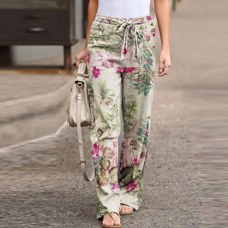 Casual Flower Print Cotton Linen Straight Leg Pants Women Fashion Lace Up Elastic Waist Home Trousers Female Plus Size Pants